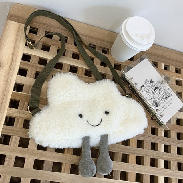 Cute white cloud plush bag girl children messenger bag ladies one-shoulder messenger plush bag portable zipper phone bag